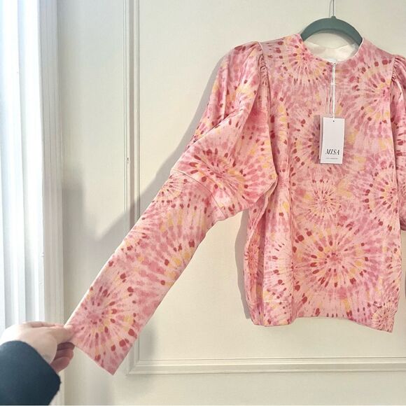 MISA Silk Blend Kali Long Sleeve Puff Shoulder Crewneck Sweater in Pink XS NWT - Picture 5 of 11